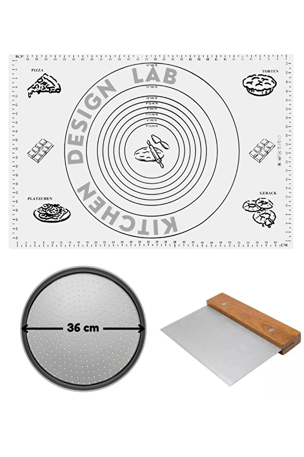White Silicone Dough Rolling Mat 45 X 65 Cm, 36 cm Pizza Tray and Dough and Pizza Cutter with Wooden Handle