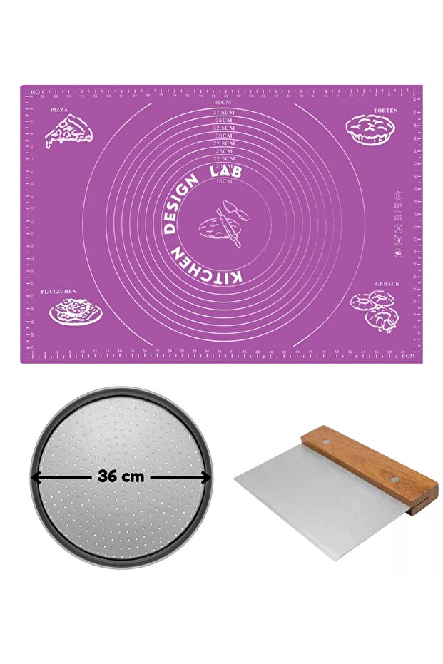 Purple Silicone Dough Rolling Mat 45 X 65 Cm, 36 cm Pizza Tray and Dough and Pizza Cutter with Wooden Handle