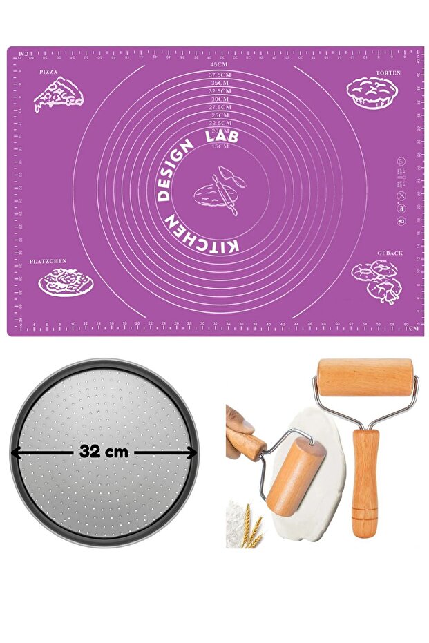 Purple Silicone Dough Rolling Mat 45 X 65 Cm, 32 cm Pizza Tray and Dough Roller with Wooden Handle