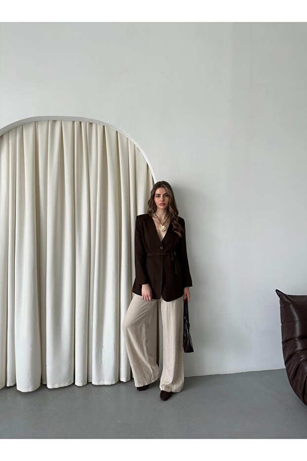 Brązowa kurtka z paskiem z 100% bawełny - 7