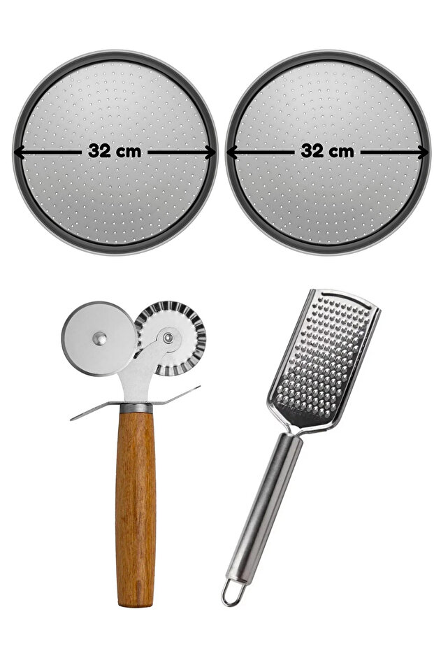Medium Size Perforated Pizza Tray 32 Cm X 2 Pieces, Double Headed Pizza Roulette and Steel Cheese Grater