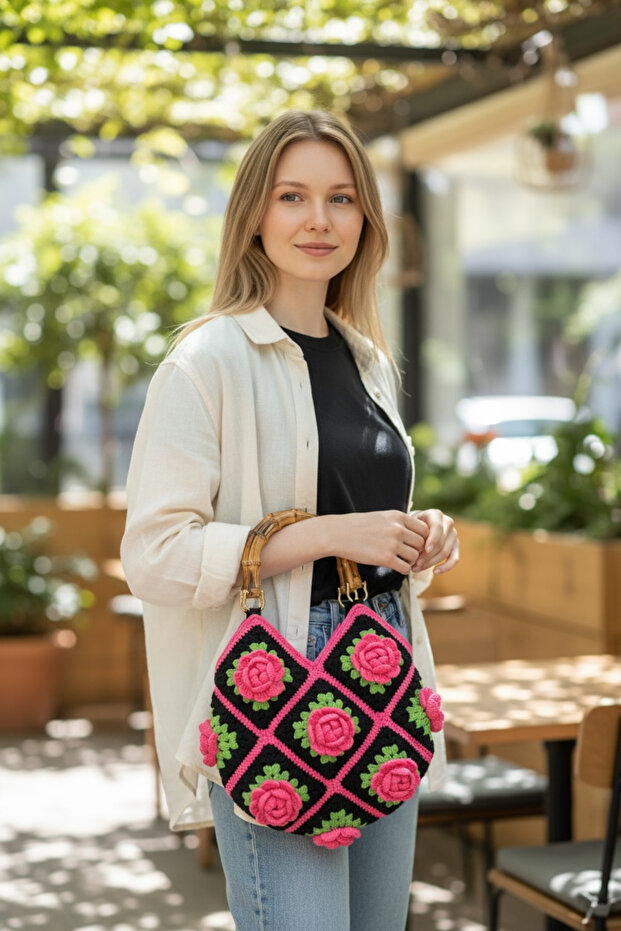 Knitted Rose Motif Bag