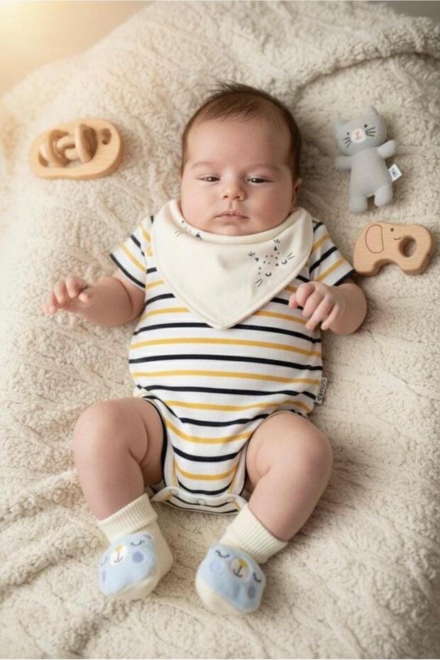Newborn Baby Boy 100% Cotton Romper Scarf and Rattle Socks Set - Cute Cat 0-3 Months