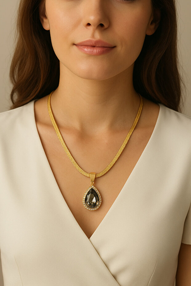 1st Class Steel Non Tarnish Zircon Stone detailed Drop Figured Necklace