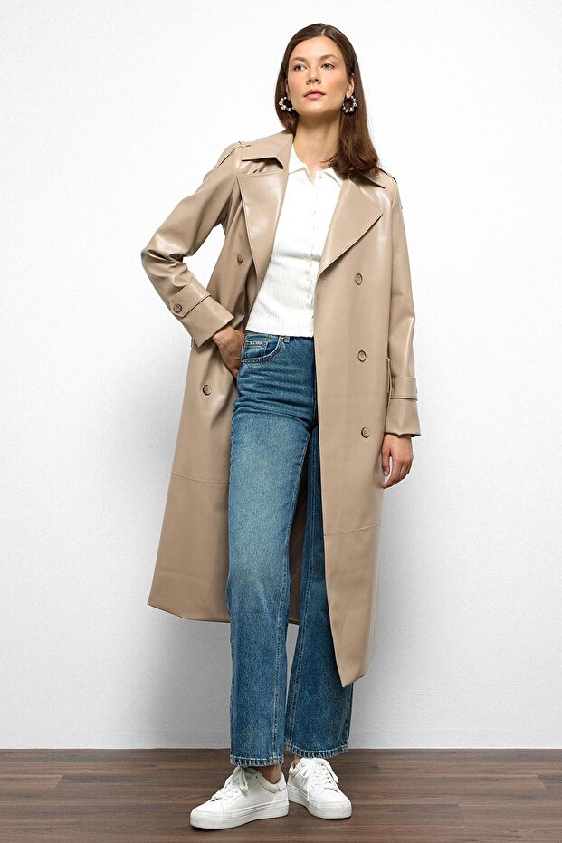 Epaulet Detailed Double Breasted Leather Trench Coat Stone 6756