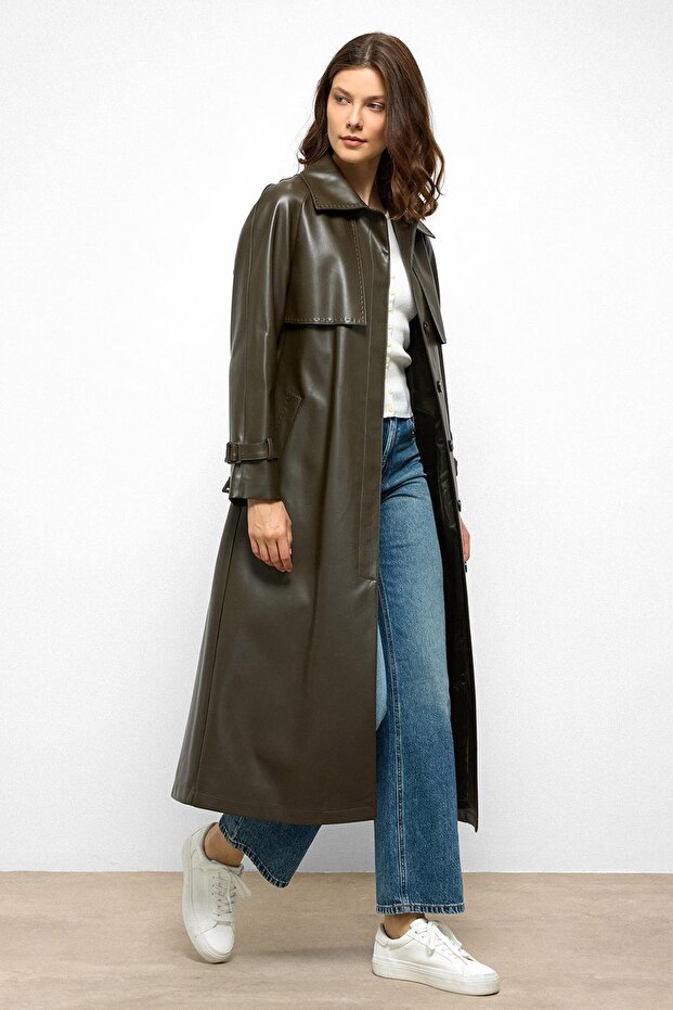 Trenchcoat aus Leder mit Raglanärmeln und Punto-Nähten KHAKI 6754 - 3