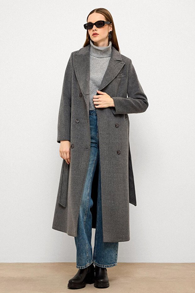 Jacket Collar Double Breasted Medium Coat Gray 3094 - 5