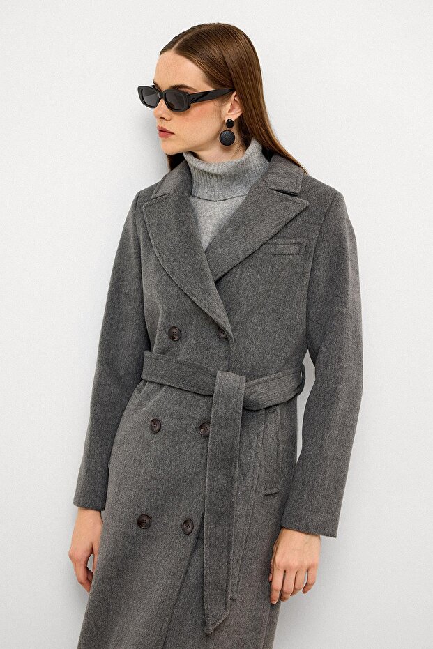 Jacket Collar Double Breasted Medium Coat Gray 3094 - 6
