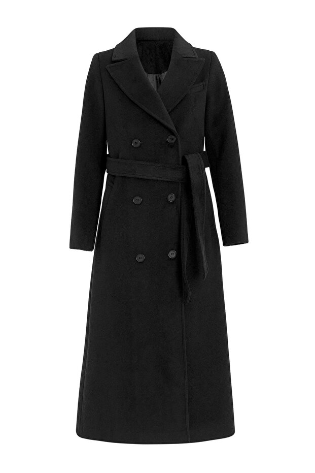 Jacket Collar Double Breasted Medium Coat Black 3094