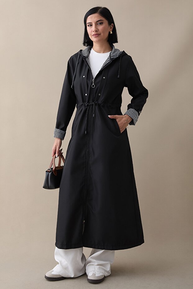 Patchwork Striped Lining Pattern Long Trench Coat - Black