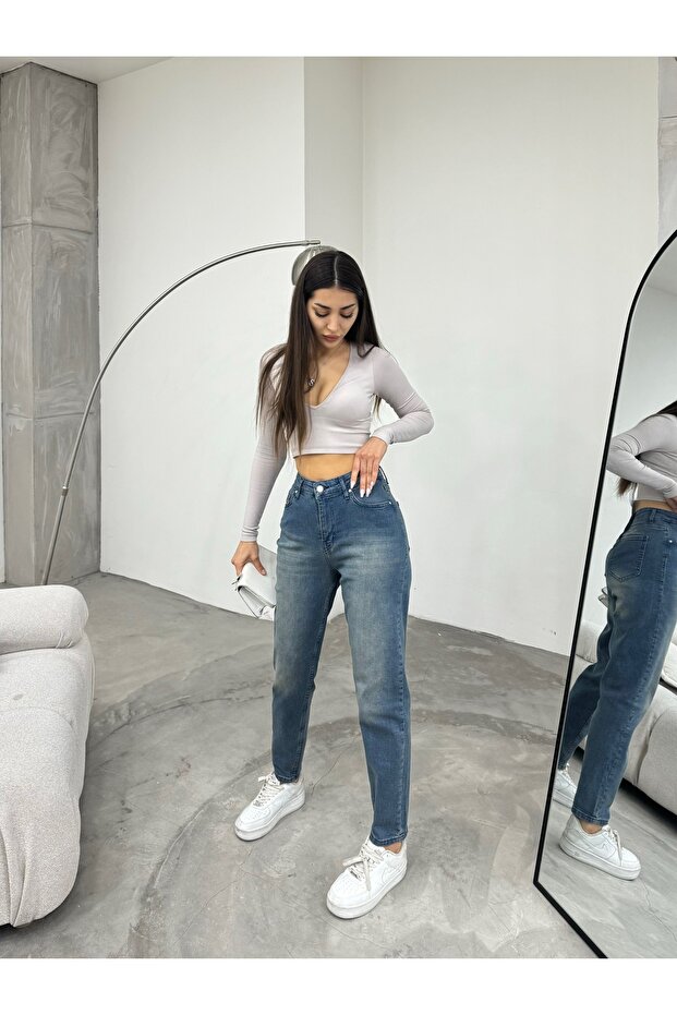 Női rugalmas/lycra magas derekú Mom Jeans - 7