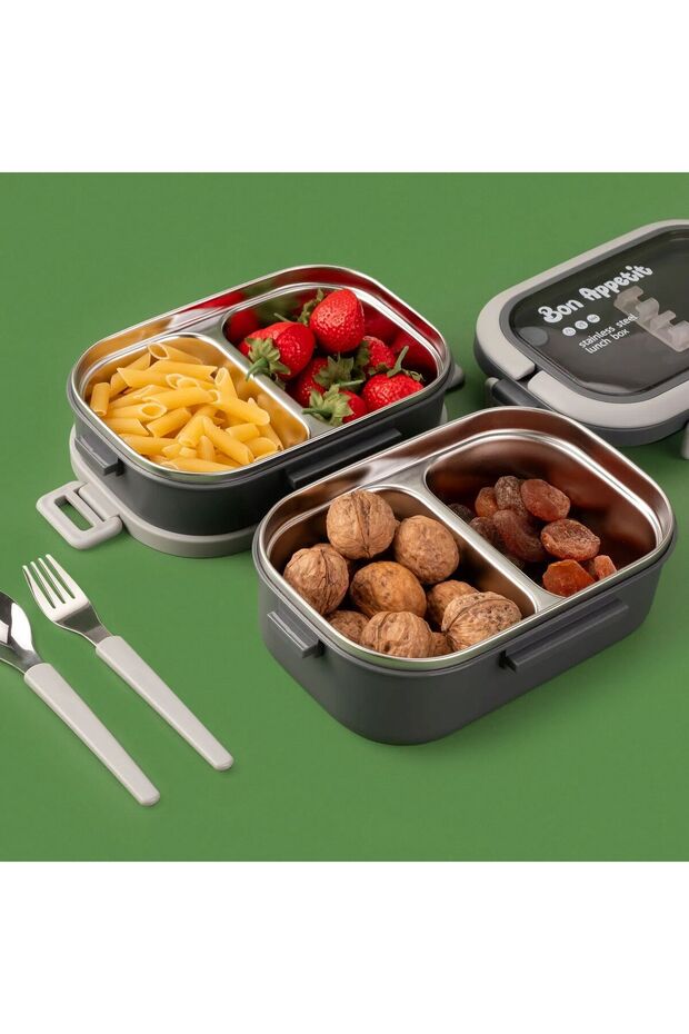 تانتينو رمادي ستانلس ستيل مستطيل وعاء طعام مع شوكة وملعقة 850 مل - 2