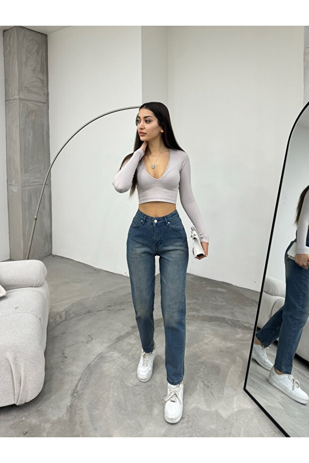 Női rugalmas/lycra magas derekú Mom Jeans - 5