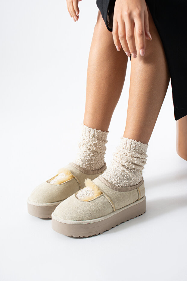 Beige Furry Helmet Comfortable Shoes