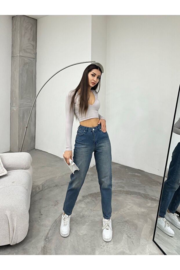 Női rugalmas/lycra magas derekú Mom Jeans - 6