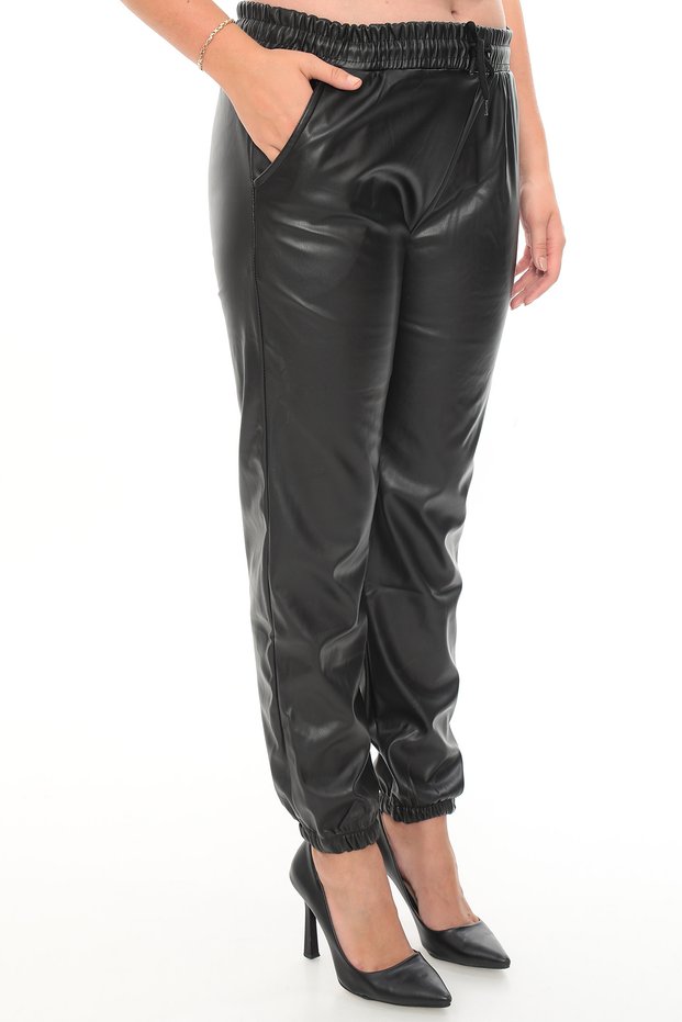 Women's Black Lace Detailed Inside Fleece-Lined Balloon Model Leather Pants Leggings