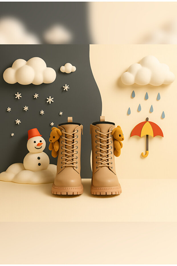 Ortopedik Ayıcık Detaylı Krem Çocuk Bot Bağcıklı Kalın Taban Kaymaz Bilek Boy Çocuk Bot - 6