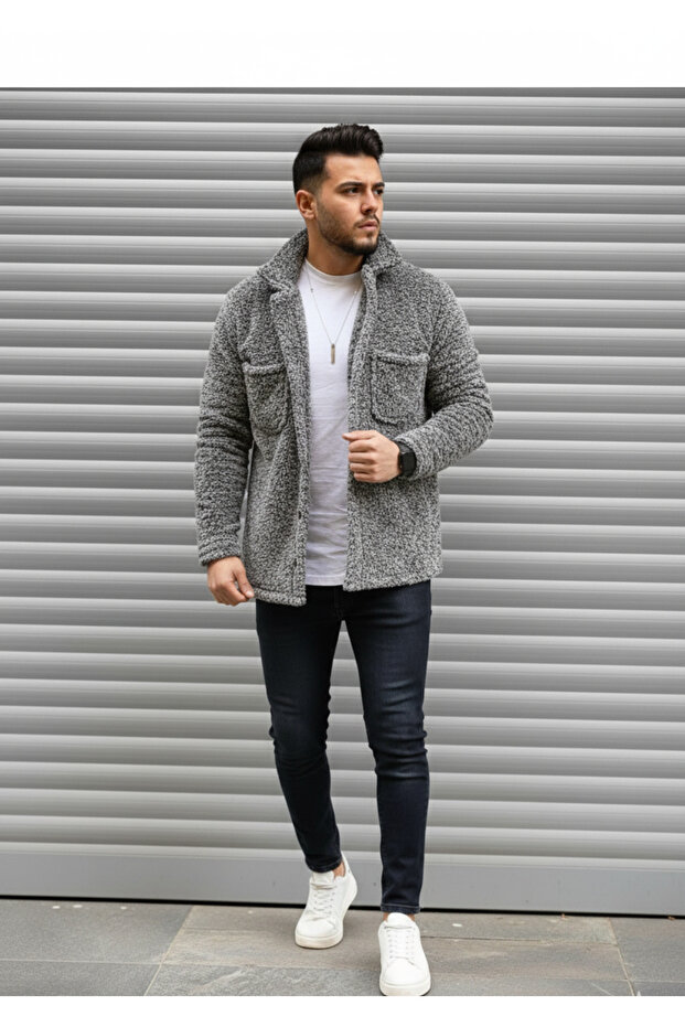 Unisex Regular Fit Pocket Detailed Buttoned Thick Plush Jacket