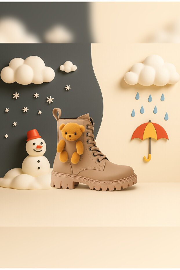 Ortopedik Ayıcık Detaylı Krem Çocuk Bot Bağcıklı Kalın Taban Kaymaz Bilek Boy Çocuk Bot - 7