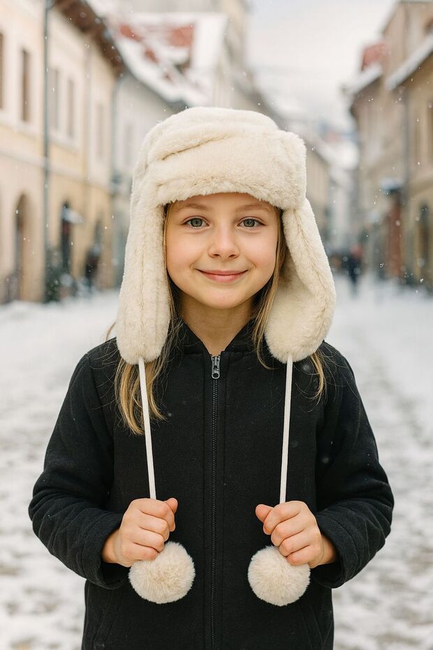 Beige Plush Fur Girl's Beret Hat with Earmuffs and Pompom