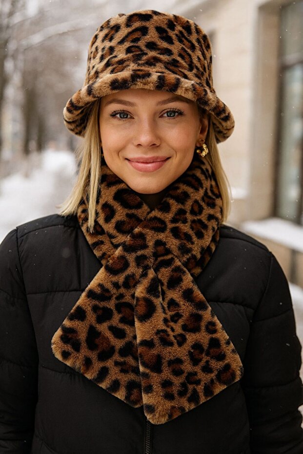 Brown Leopard Soft Textured Plush Neck Collar & Hat Set of 2