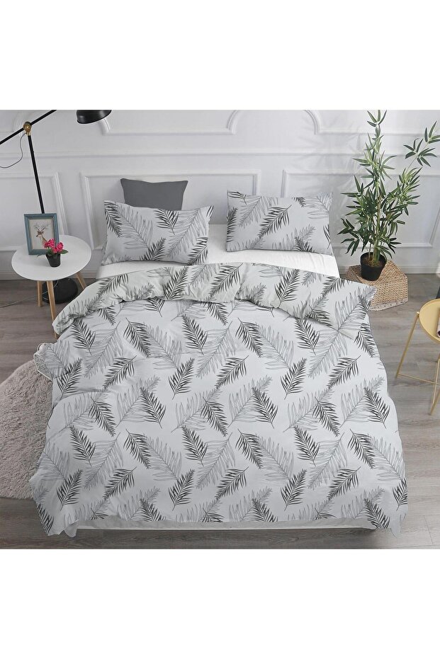 طقم غطاء لحاف كبير الحجم منقوش بالريش الرمادي (بدون ملاءة سرير) - 1