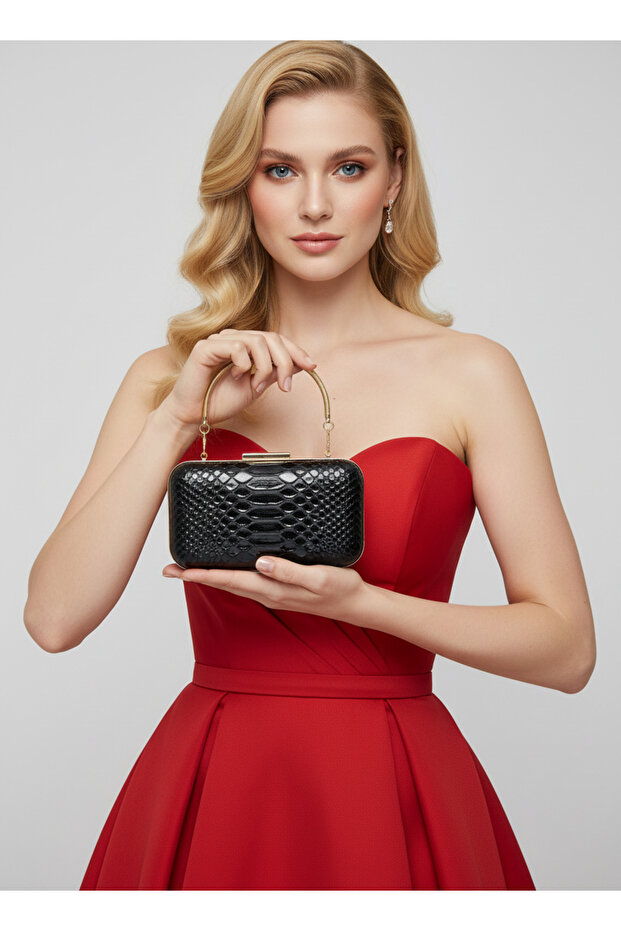 Black Color Anaconda Patterned Matte Stylish and Luxurious Women's Evening Dress Bag