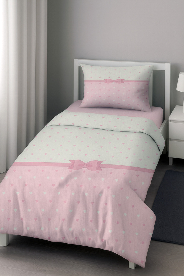 Pink Heart Polka Dot Ribbon Patterned Single Baby Kids Bedding Set