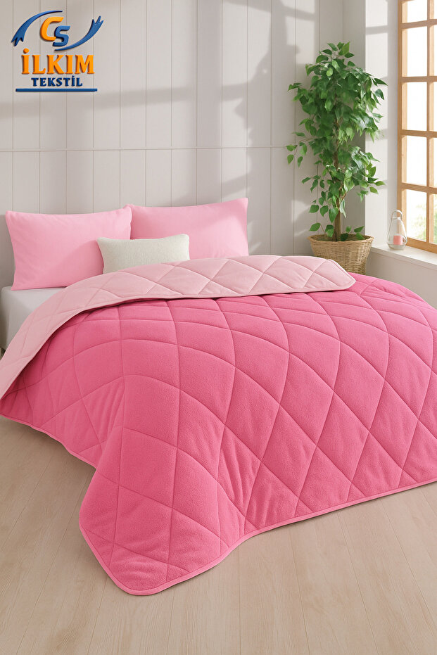 "HEDİYELİ" Tek Kişilik Lüx Pembe Welsoft Yorgan Çift Taraflı 155x215 - 2