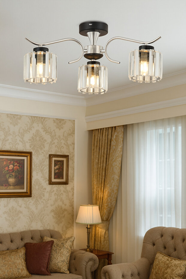 Esma 3 Lü Plafonyer Avize KRİSTAL TAŞLI Salon Yatak Odası Mutfak - 1