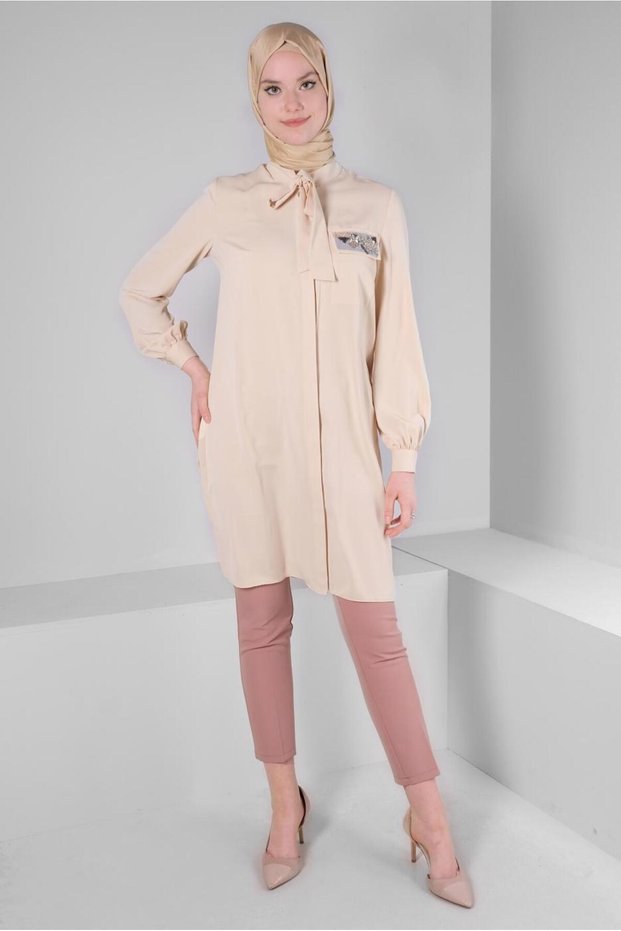 BEAD EMBROIDERY DETAILED SCARF COLLAR TUNIC 43530