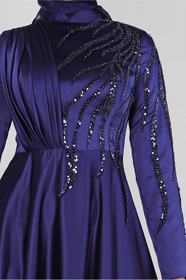 TAŞ İŞLEMELİ DRAPE DETAYLI ABİYE ELBİSE 50352 - 4