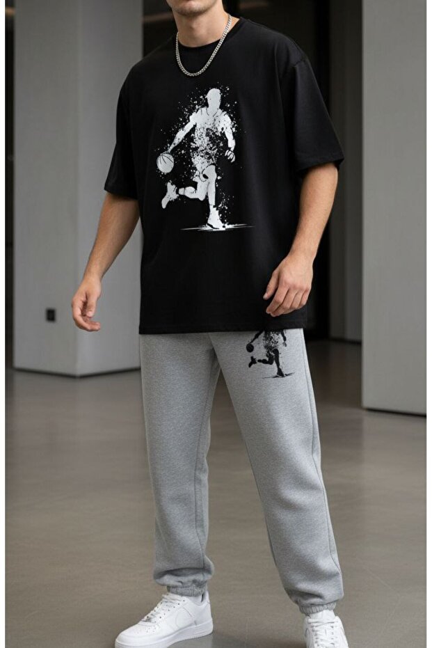 Oversize Sports T-Shirt Set - Printed Bottom Top Tracksuit