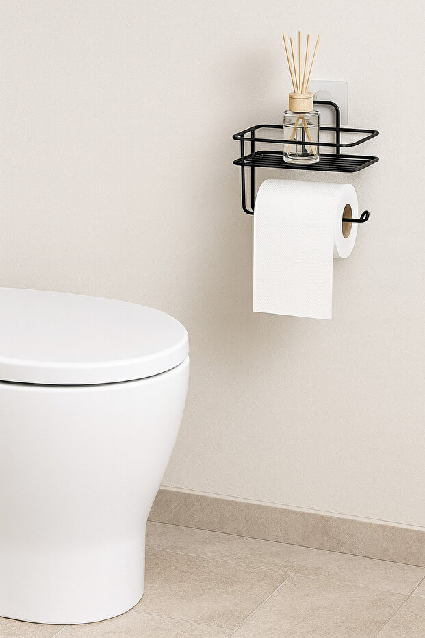 Yapışkanlı Yedekli Tuvalet Kağıtlığı Wc Kağıtlık Tutucu Askısı Mat Siyah - 1