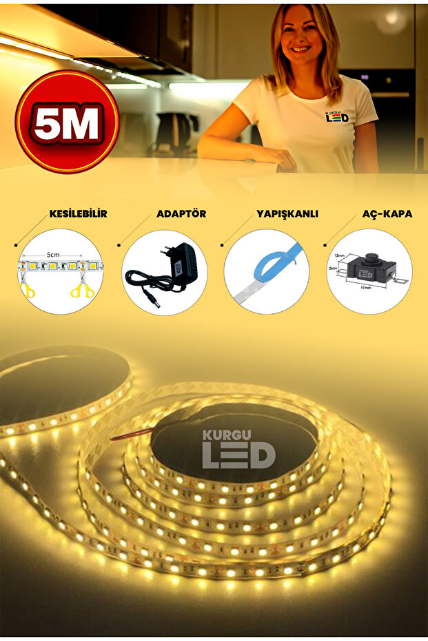 kurguajans Şerit Led Işık - Tak Çalıştır Kes Kullan Çok Amaçlı Adaptörlü Anahtarlı (Gün Işığı) 5 METRE