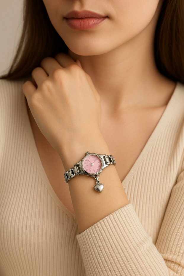 Minimal Women's Wristwatch – Pink Dial, Elegant Silver Color Band, Stylish Design for Gift Giving