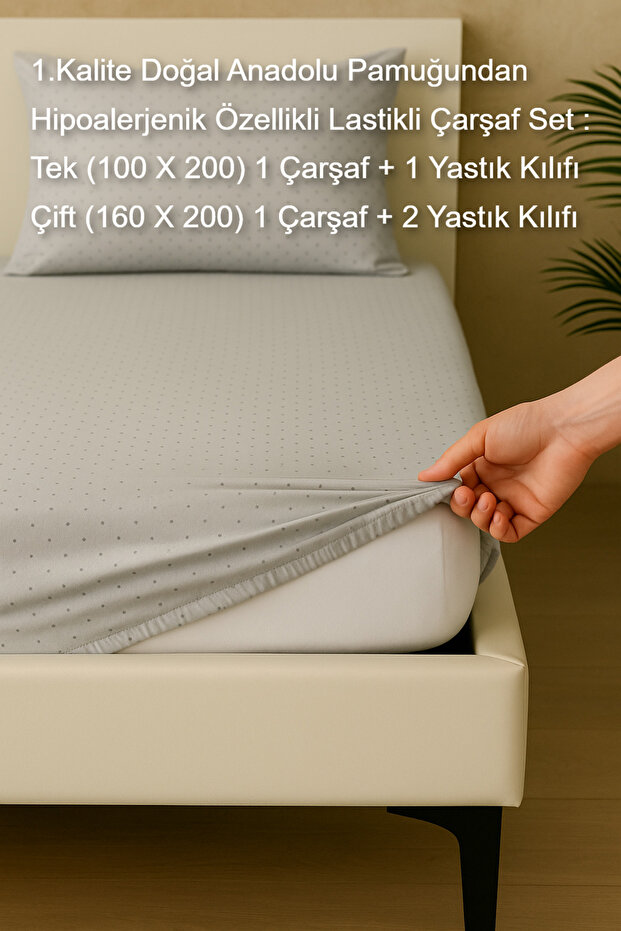 1St Quality Natural Anatolian Cotton Hypoallergenic Fitted Sheet Set Gray