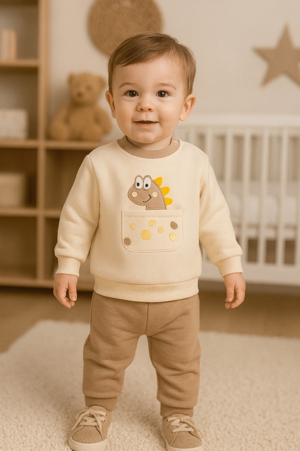 Dinosaur Mobile Pocket Winter Fleece 3-Thread Fabric Baby Boy Top and Bottom 2-Piece Set
