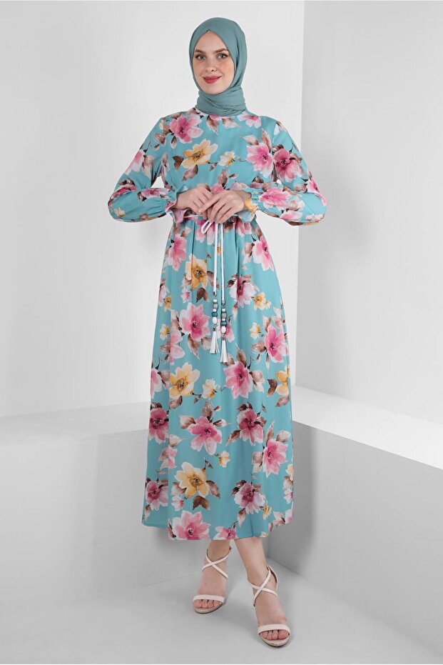 FLOWER PATTERNED CUFFS RUBBERED CREPE DRESS 42889