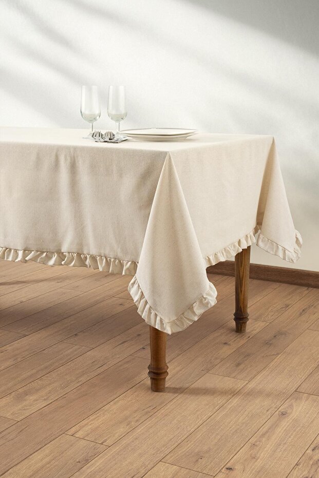 Natural Tablecloth with Ruffled Edges - Selendi Soft Color - Cotton 150X220Cm