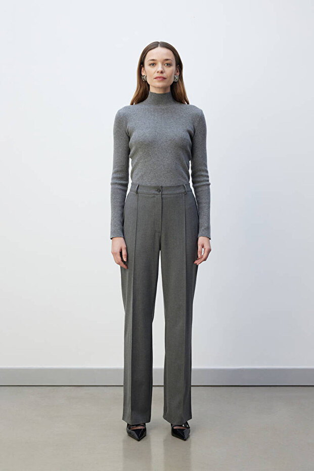 Gri Nervürlü Palazzo Pantolon - 1