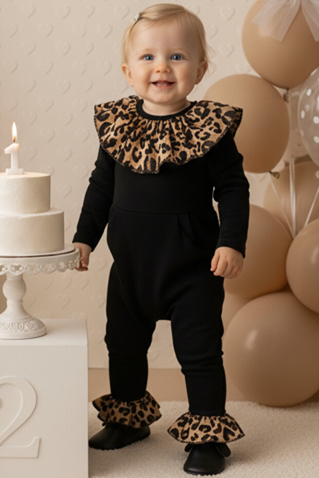 Baby Girl Leopard Collared Snap Detailed Salopet Newborn Jumpsuit