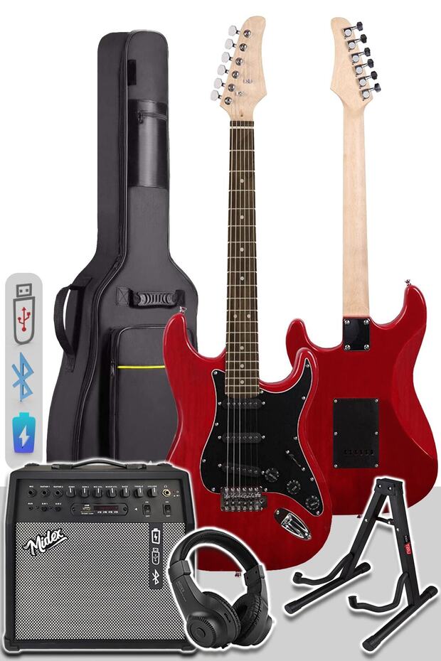 RPH30RD-50AMP Red Elektro Gitar Seti 50 WATT Bluetooth Şarjlı Amfi Kulaklık Full SET - 5