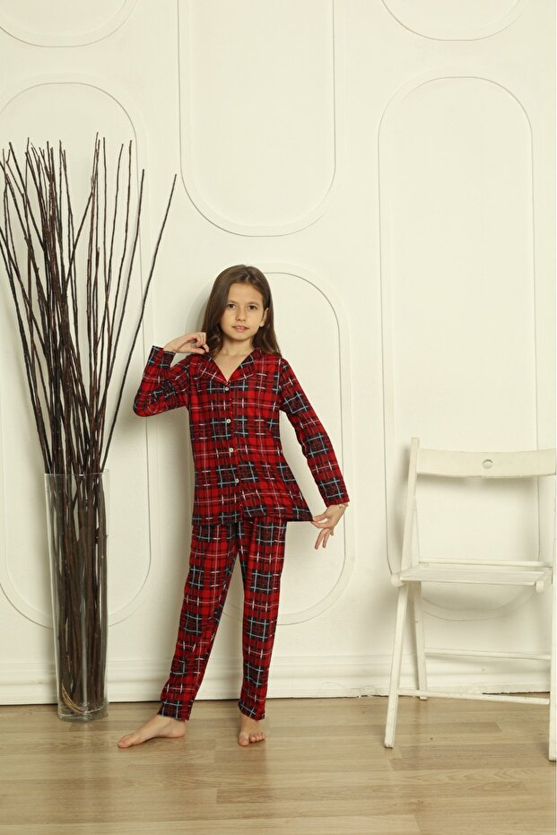Ekose Boydan Dügmeli Süet Kız Çocuk Pijama Takım - 2