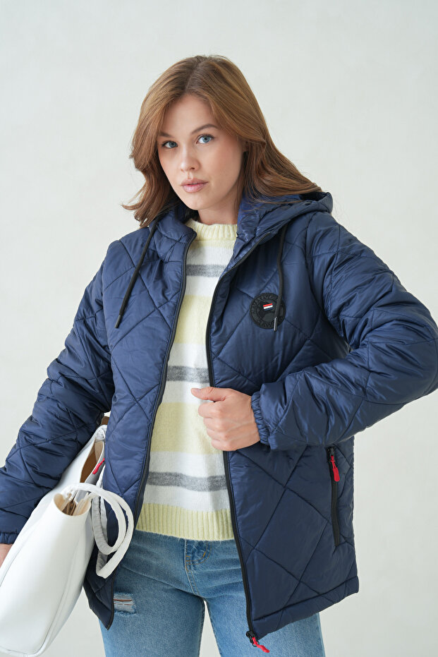Women's Baklava Pattern Hooded Navy Blue Ultra Light Seasonal Coat