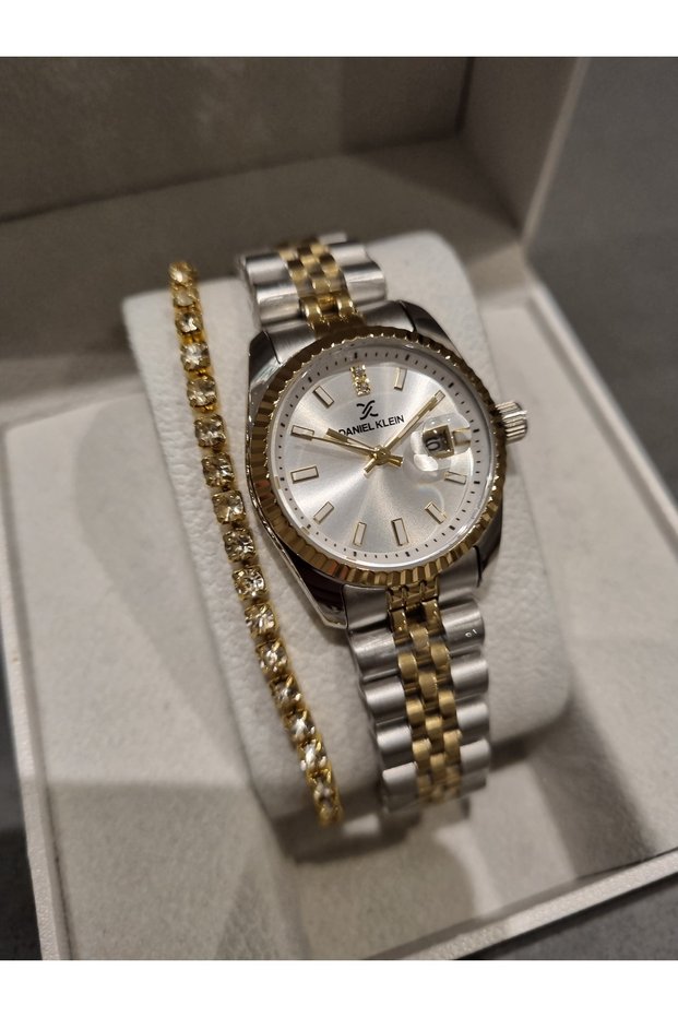 Yellow Metallic Steel Bracelet Calendar Women's Wrist Watch+Gift Bracelet
