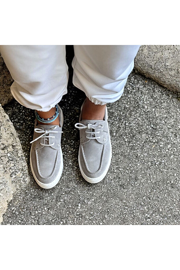 Gray Suede Genuine Leather Women's Casual Comfortable Lace-Up Shoes