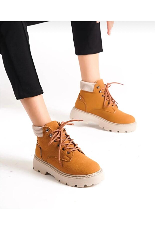 Kahverengi Cat Süet Bağcıklı Yüksek Taban Kadın Bot - 3
