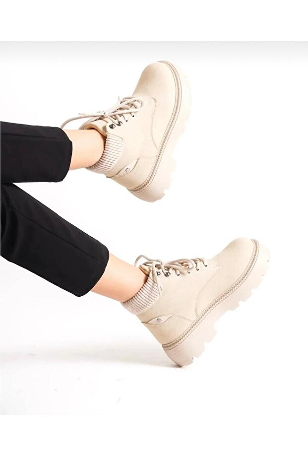 Bej Cat Süet Bağcıklı Yüksek Taban Kadın Bot - 1