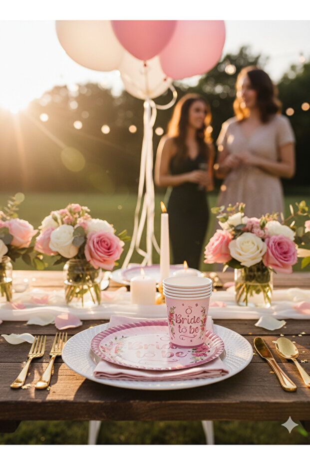 Bride To Be Çiçekli Pembe Tabak Bardak Set 8 Kişilik - 5